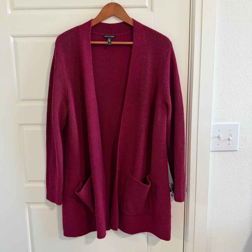 Eileen Fisher Rich Burgundy Merino Wool Cardigan